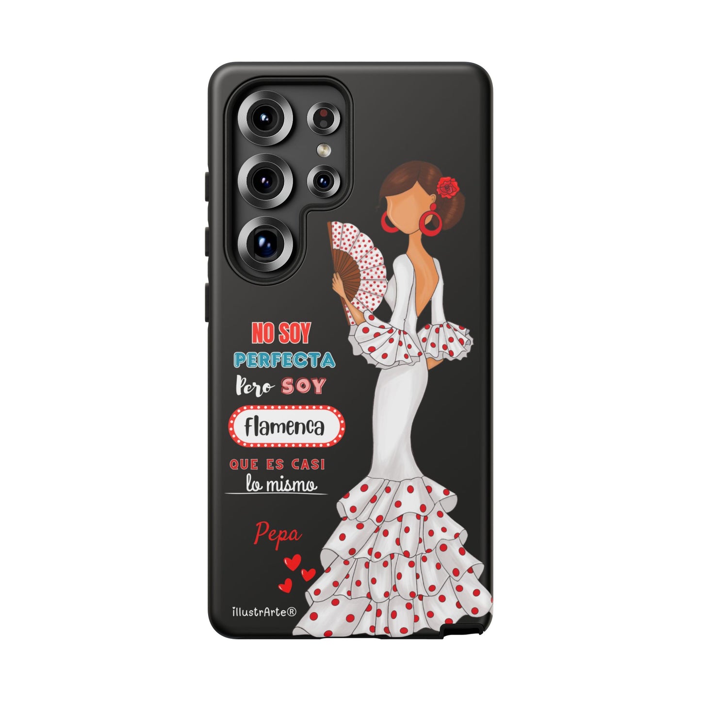Funda de teléfono personalizable Pepa vestido blanco con frase – para iPhone, Samsung, Pixel