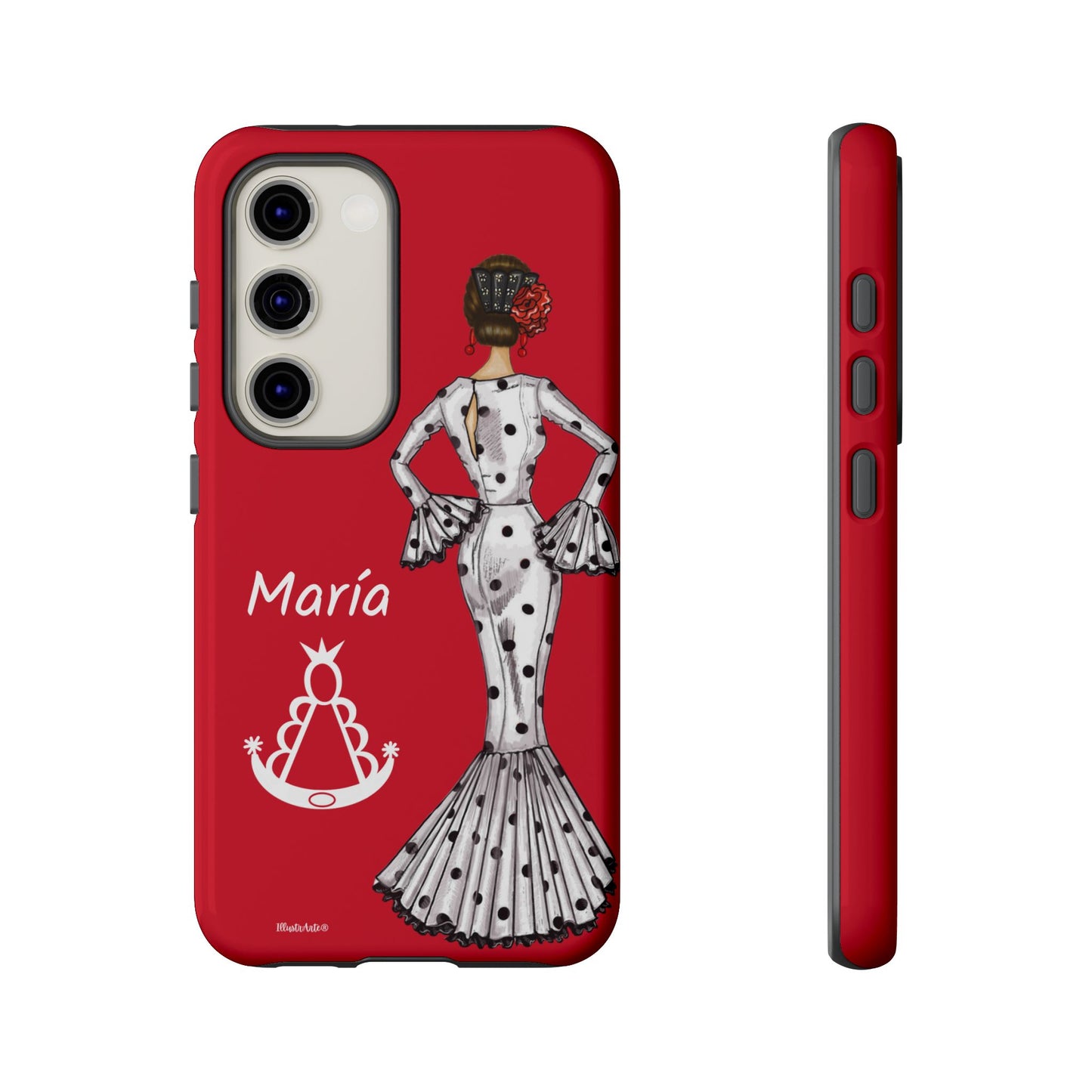 una funda de teléfono roja con una imagen de una mujer en un vestido