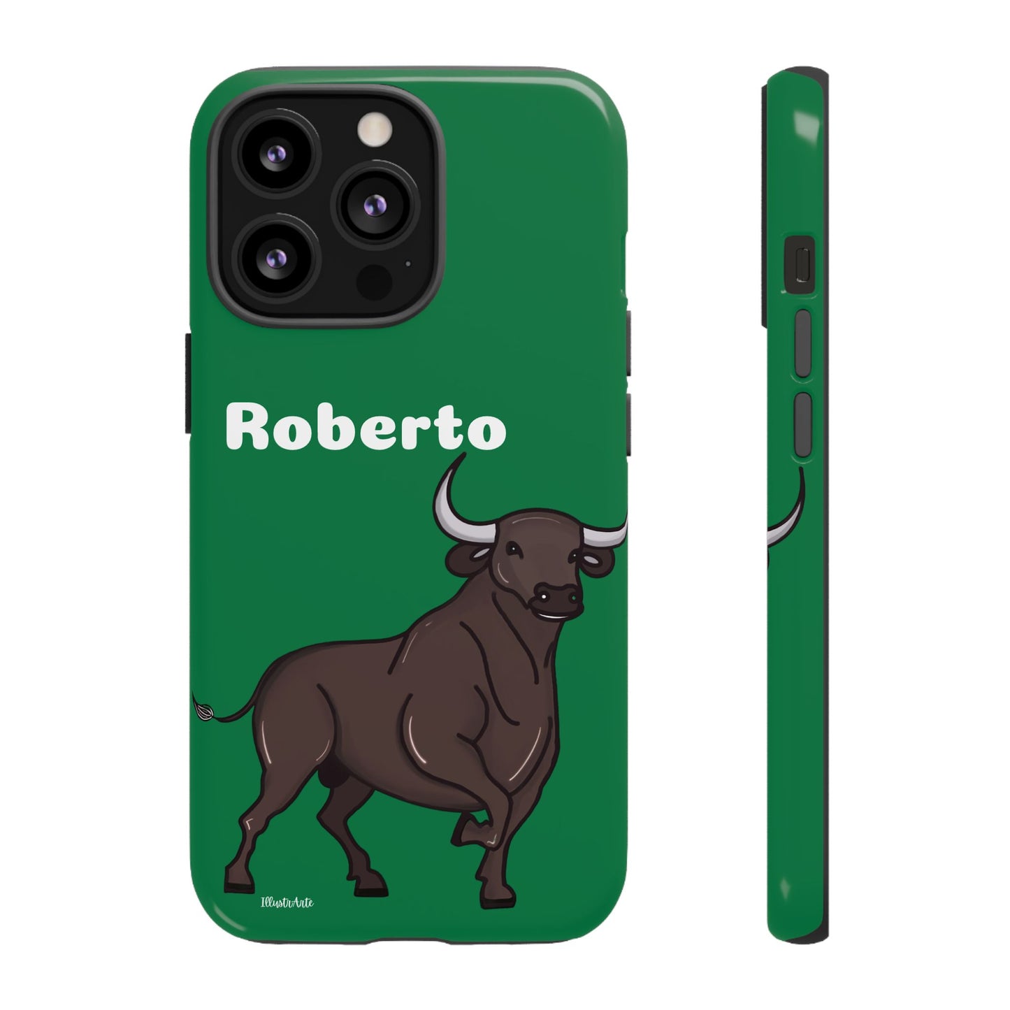 una funda de teléfono verde con un toro en ella