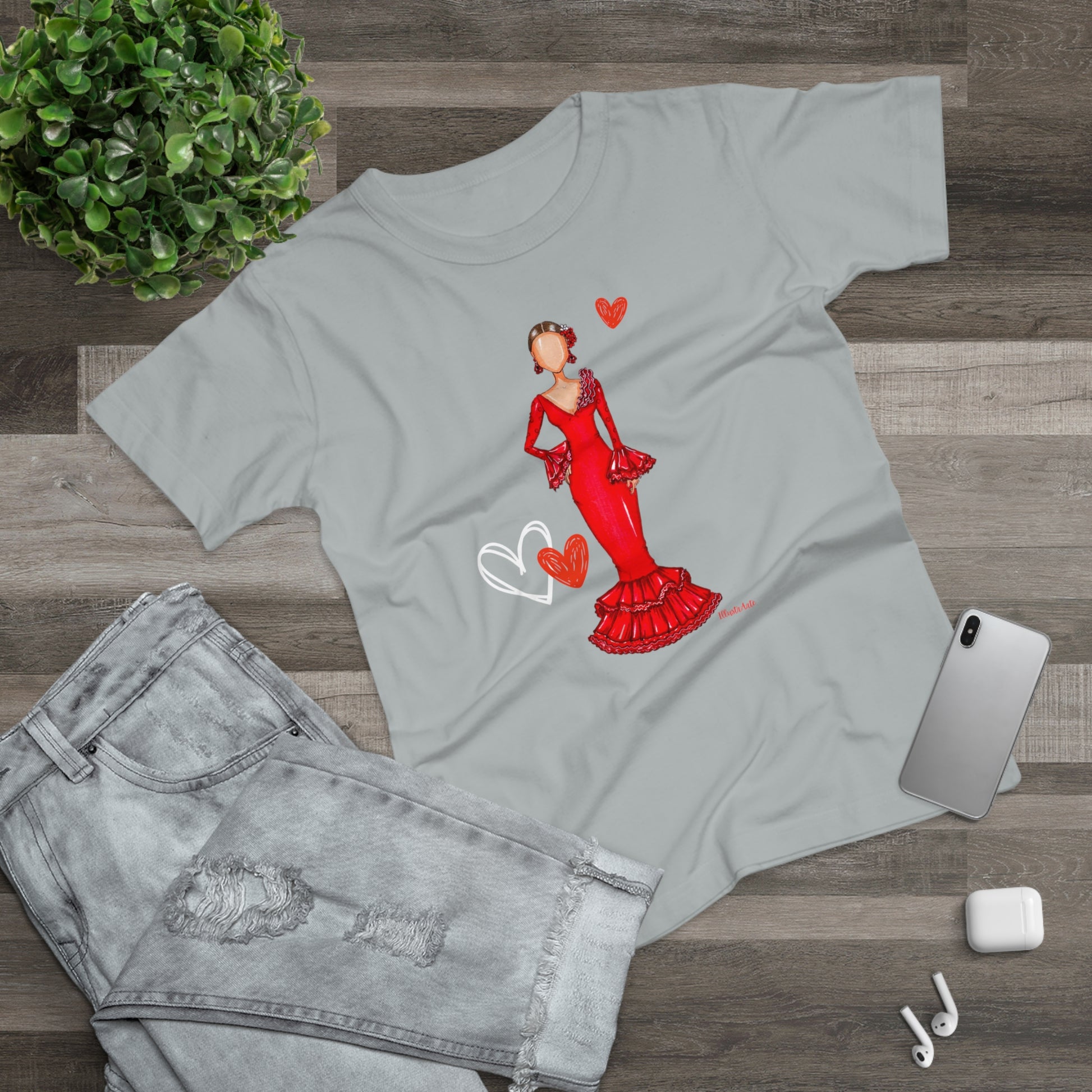 a t - shirt with a picture of a woman in a red dress