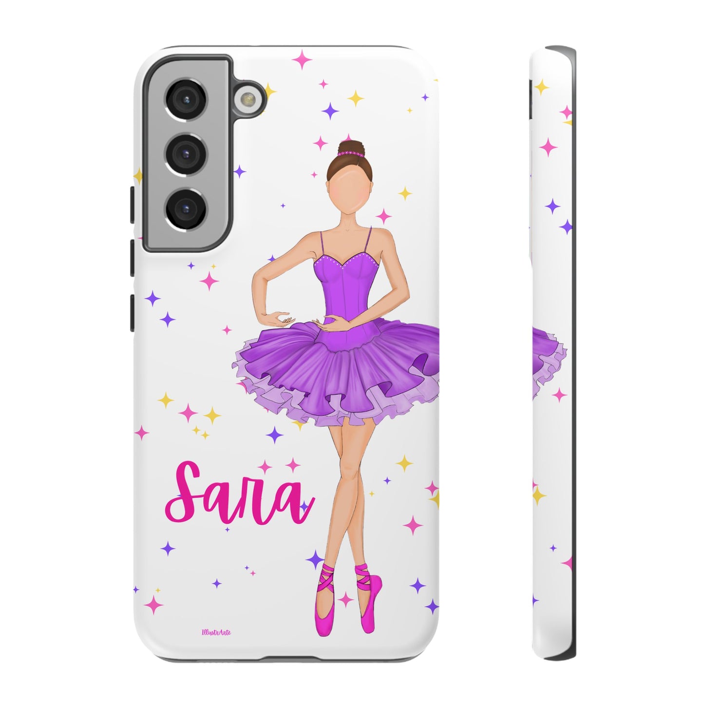 una funda de teléfono con una bailarina púrpura en ella