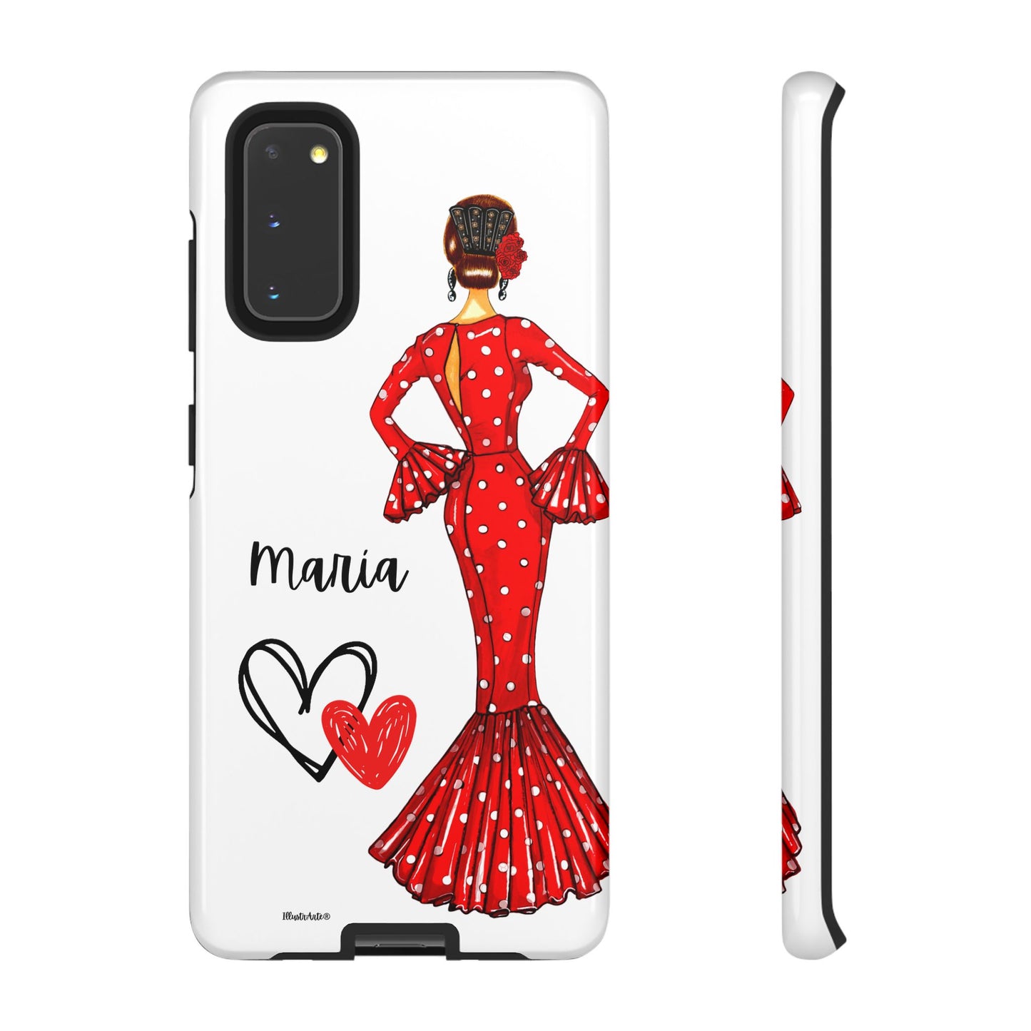 una funda de teléfono con una mujer en un vestido rojo