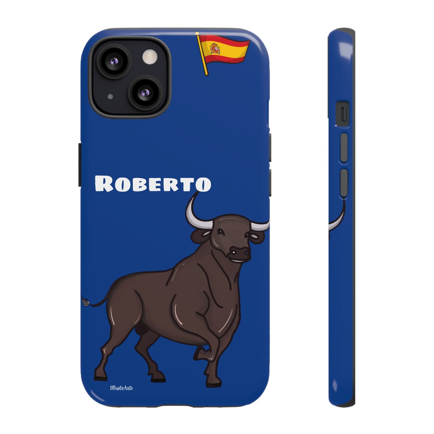 una funda de teléfono azul con un toro en ella