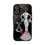 Personalised phone case flamenco dancer María Blanco, with the Virgen del Rocío for iPhone 16, gloss finish – illustrArte