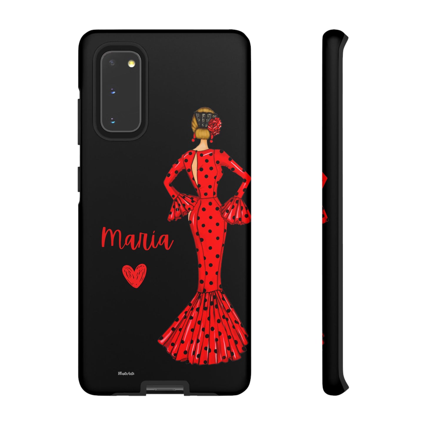 una funda de teléfono con una mujer en un vestido rojo