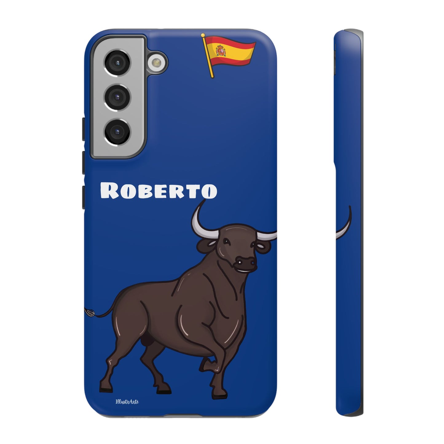 una funda de teléfono azul con un toro en ella