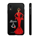 Personalised phone case flamenco dancer María, red dress, with a little Virgin Mary for iPhone XR, gloss finish – illustrArte