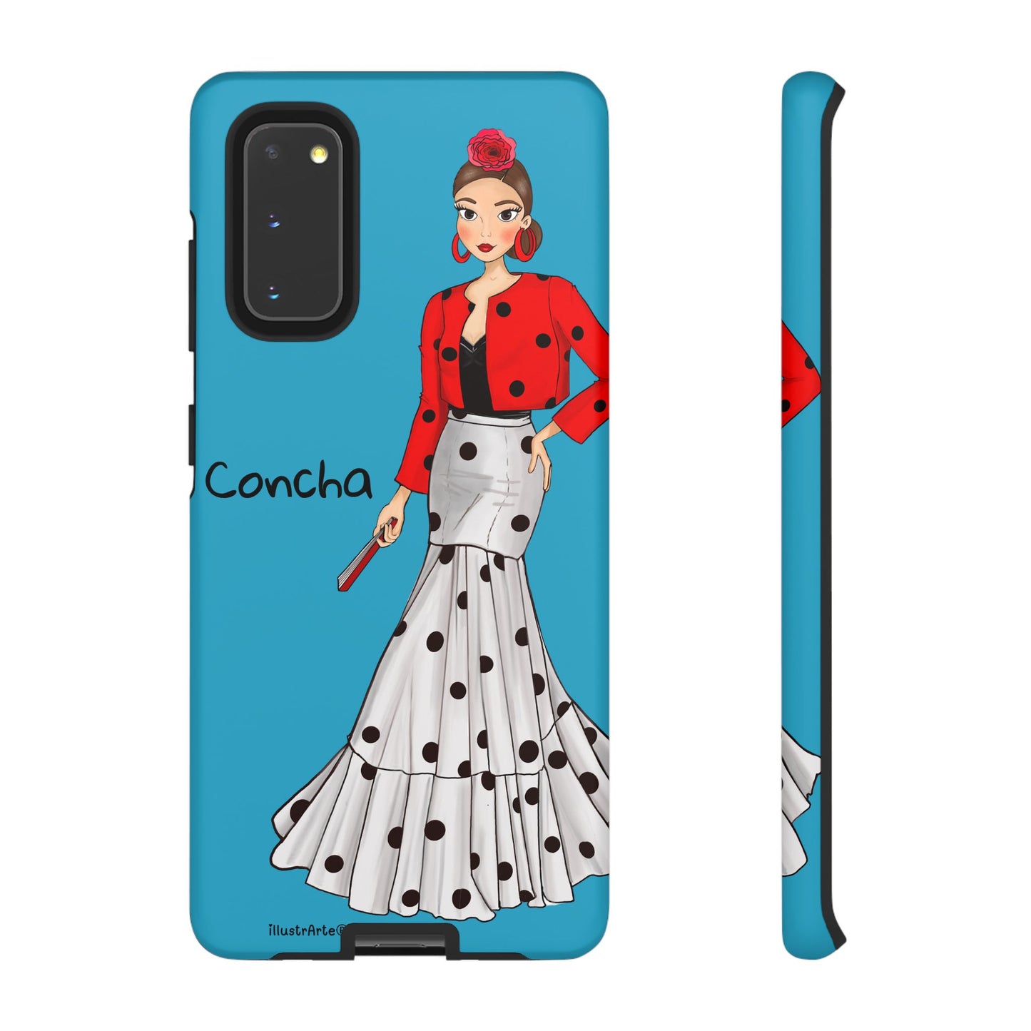 Funda de teléfono personalizable con la Virgen, Modelo Conchita fondo azul, ideal para un look único.