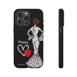 Personalised phone case flamenco dancer María, white dress for iPhone 15 Pro Max, matte finish – illustrArte