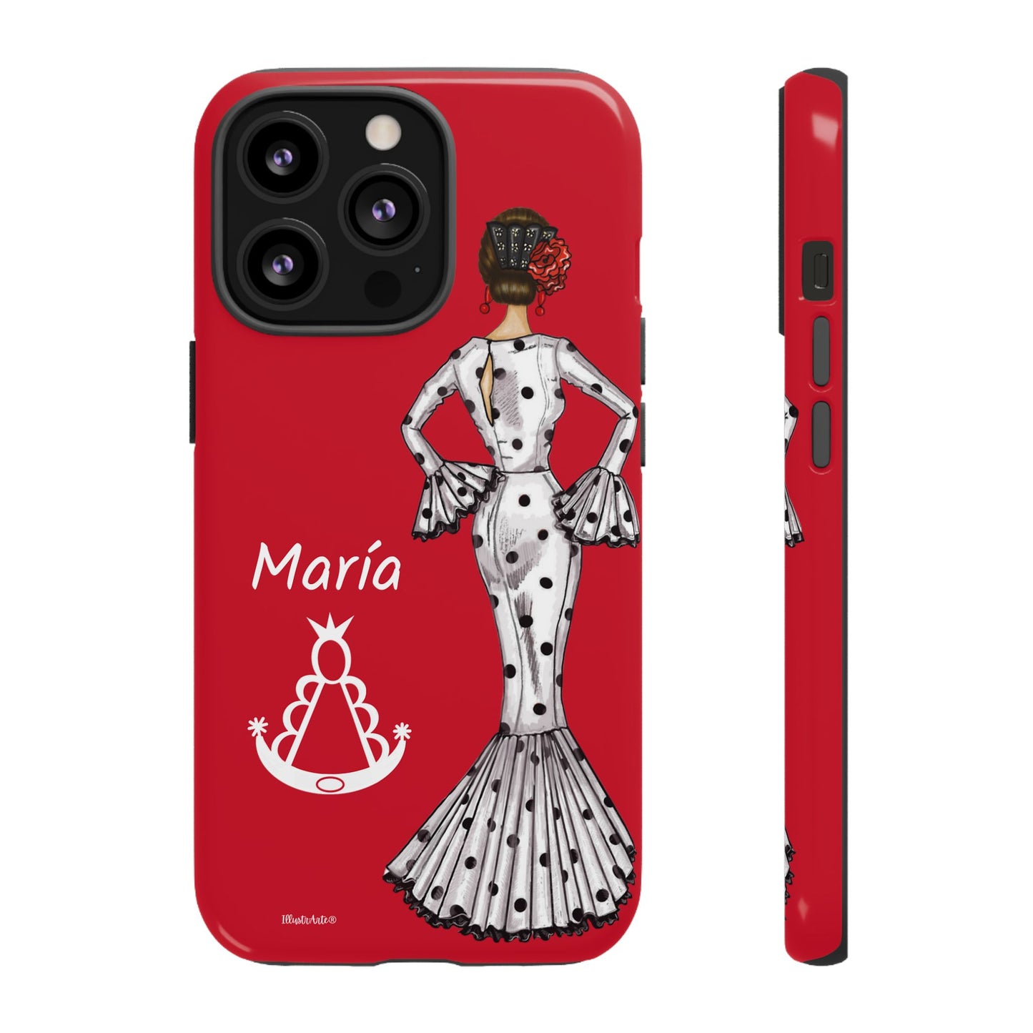 una funda de teléfono roja con una imagen de una mujer en un vestido