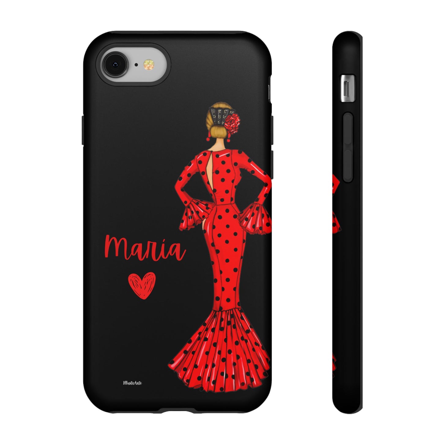 una funda de teléfono con una mujer en un vestido rojo