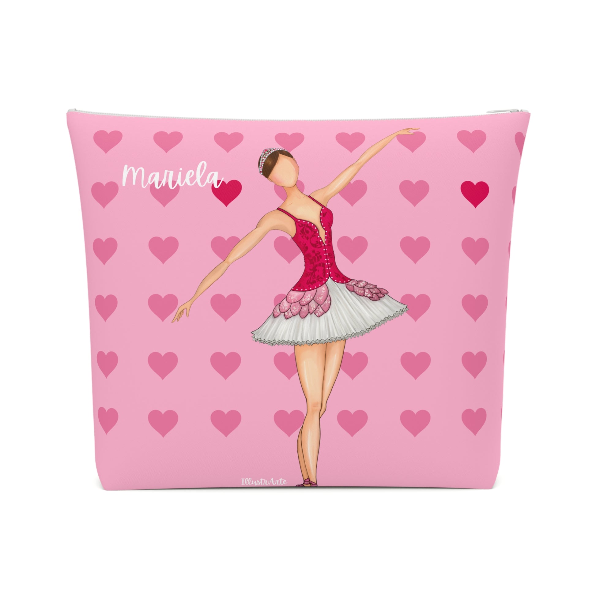 una bolsa cosmética rosa con una bailarina en ella