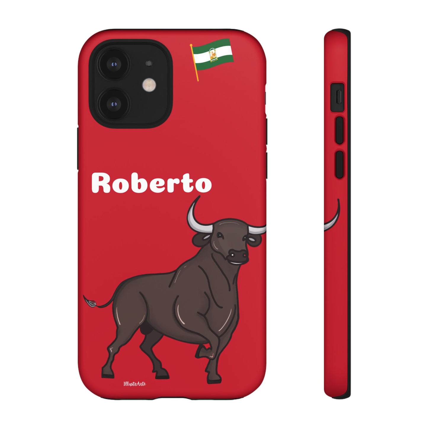 una funda de teléfono roja con un toro en ella