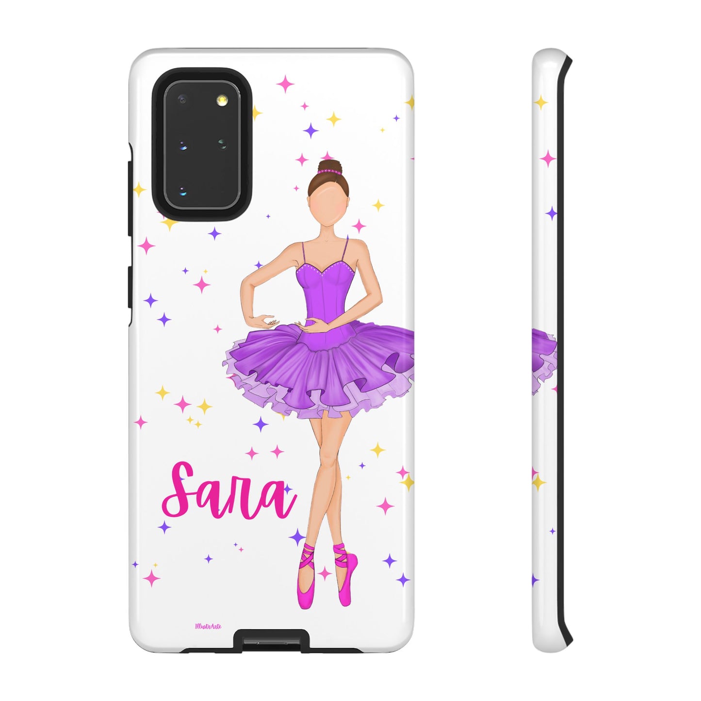 una funda de teléfono con una bailarina púrpura en ella