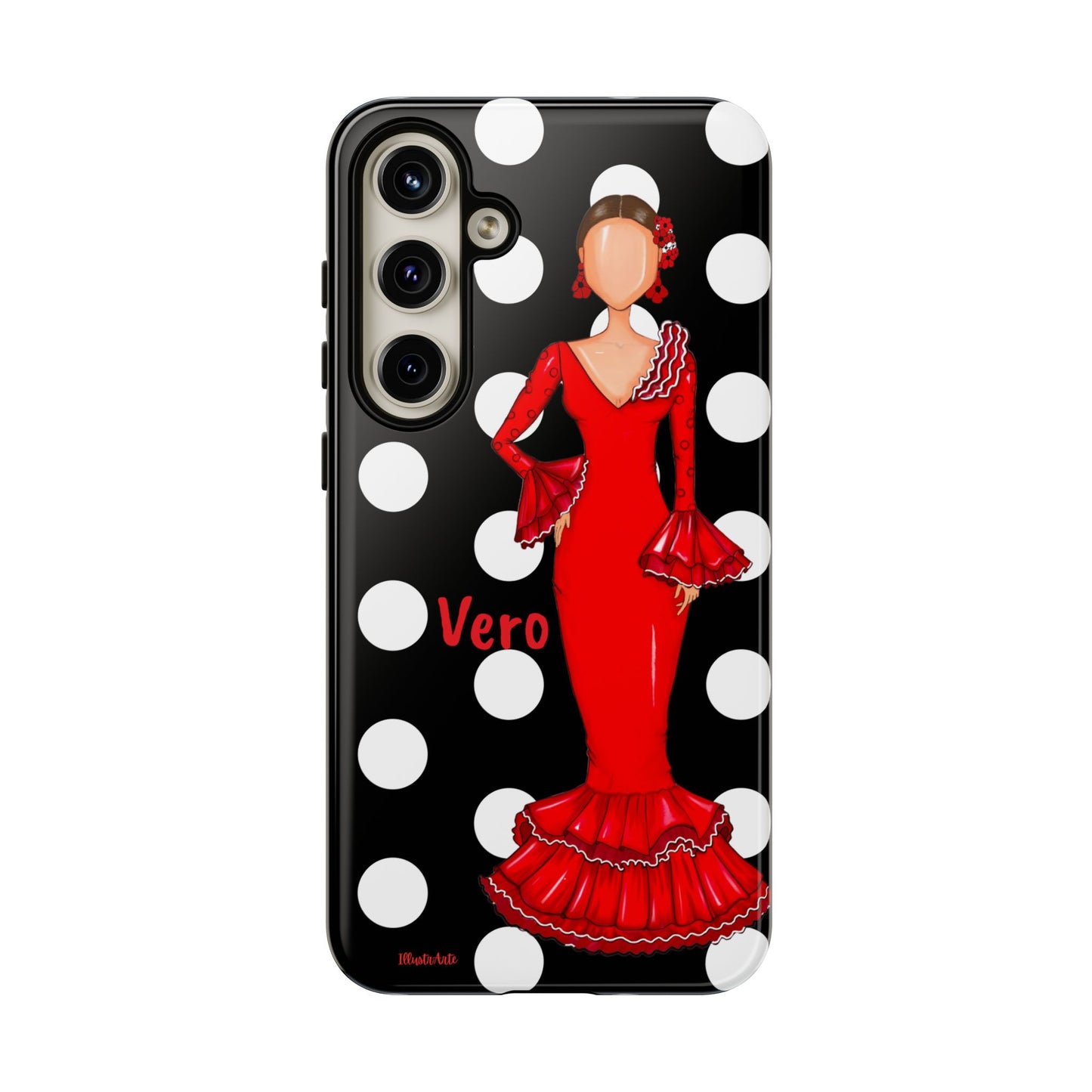 una funda de celular con una mujer en un vestido rojo