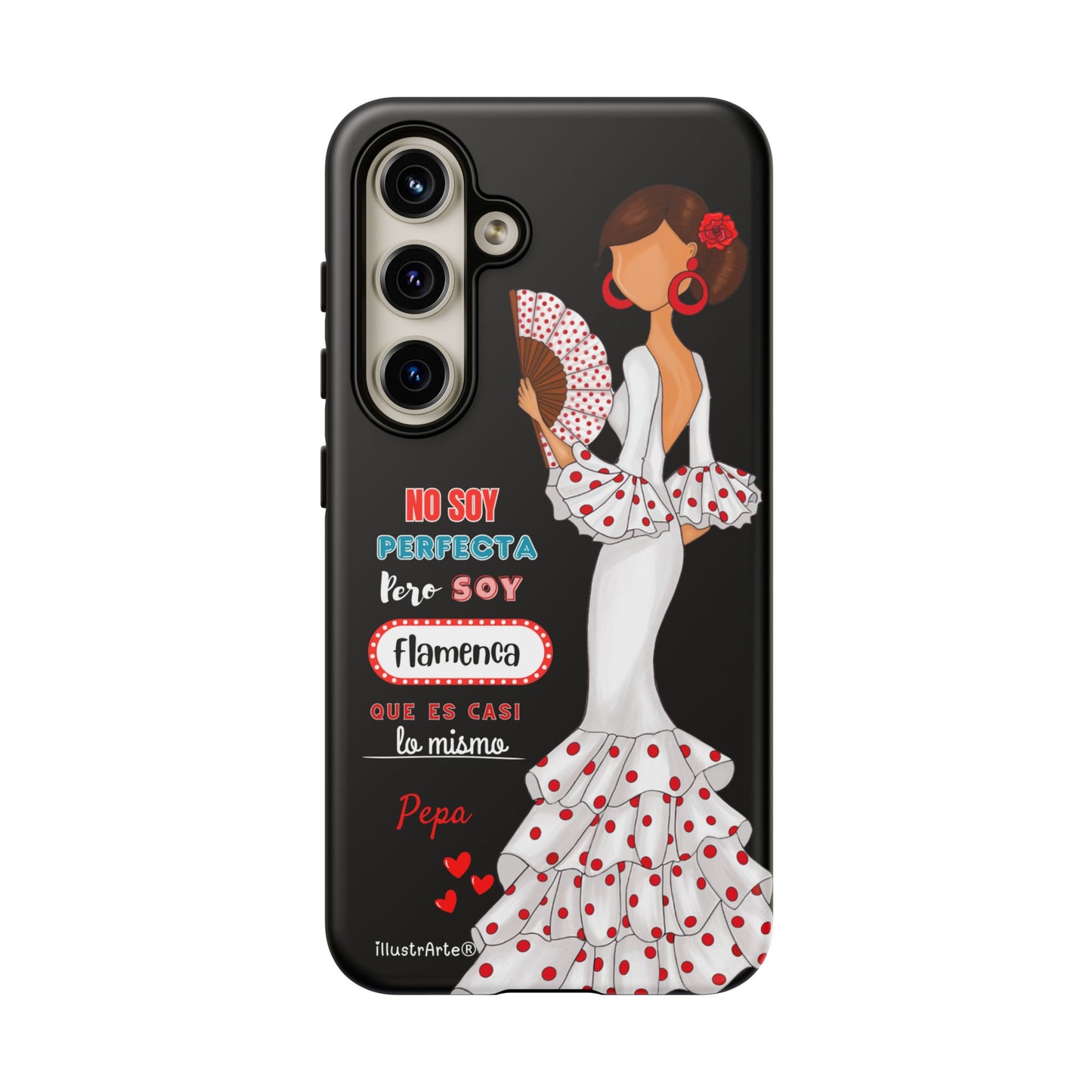 Funda de teléfono personalizable Pepa vestido blanco con frase – para iPhone, Samsung, Pixel