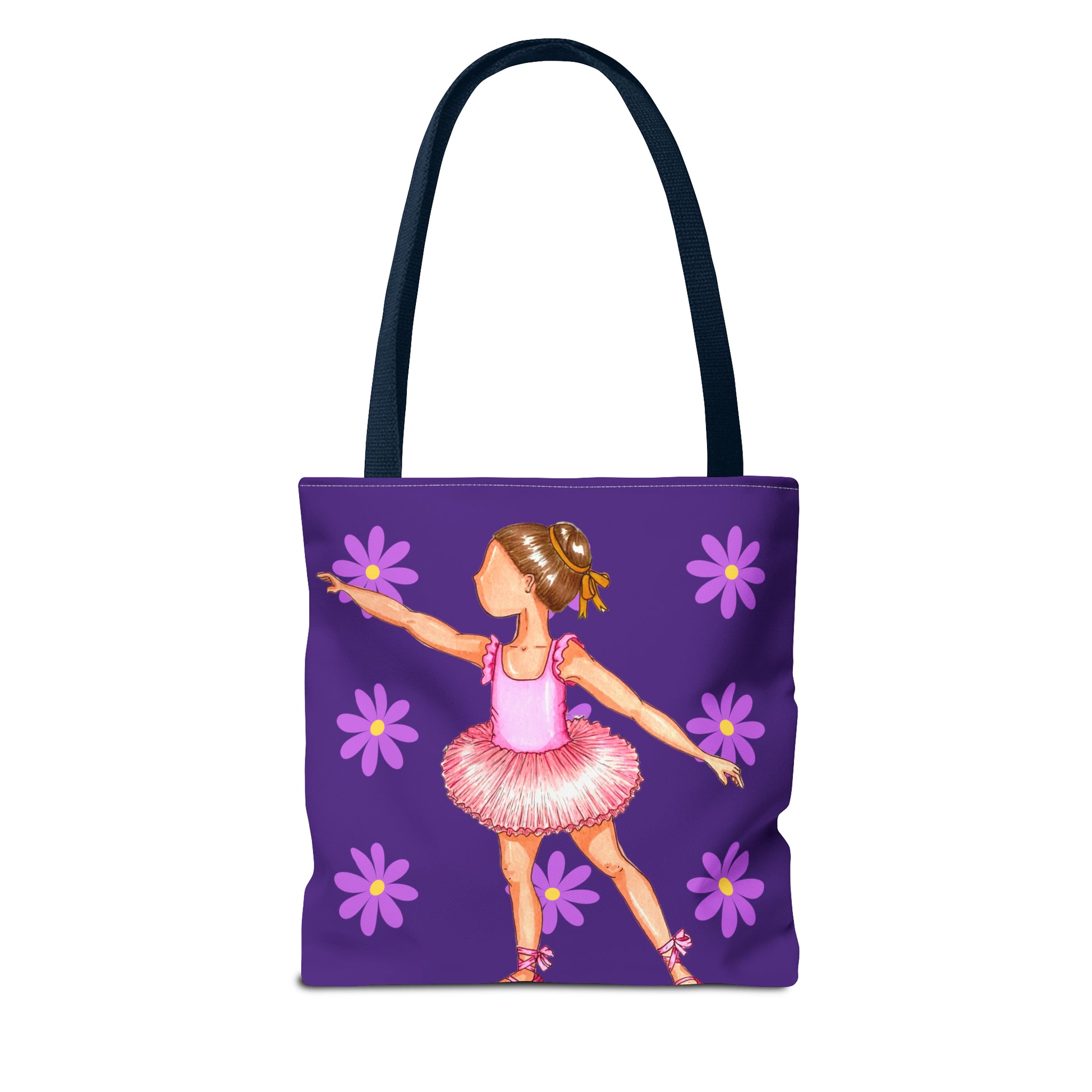 a purple bag with a little girl in a pink dress