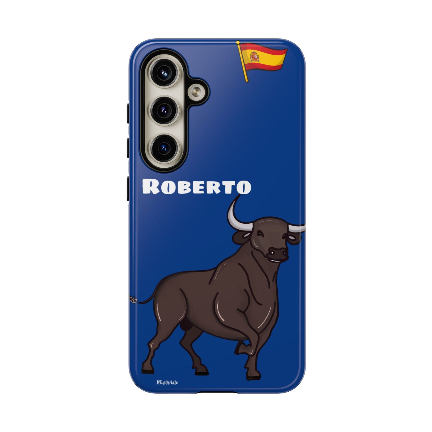 una funda de teléfono azul con un toro en ella