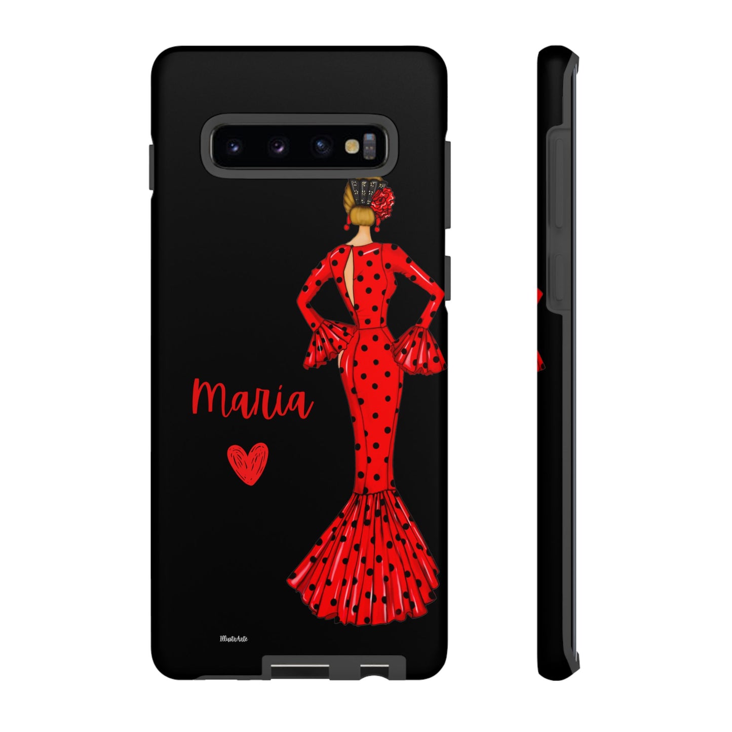 una funda de teléfono con una mujer en un vestido rojo