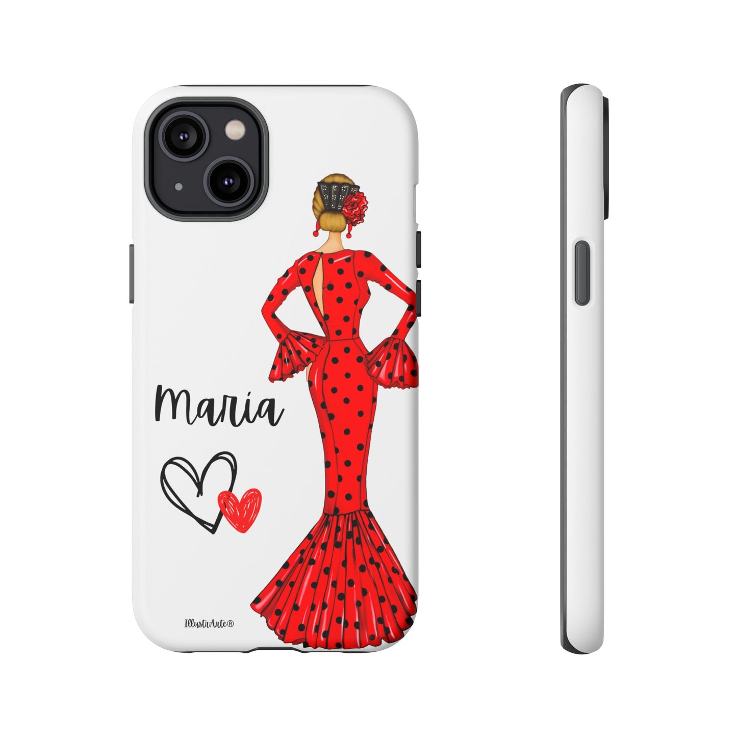 una funda de teléfono con una mujer en un vestido rojo