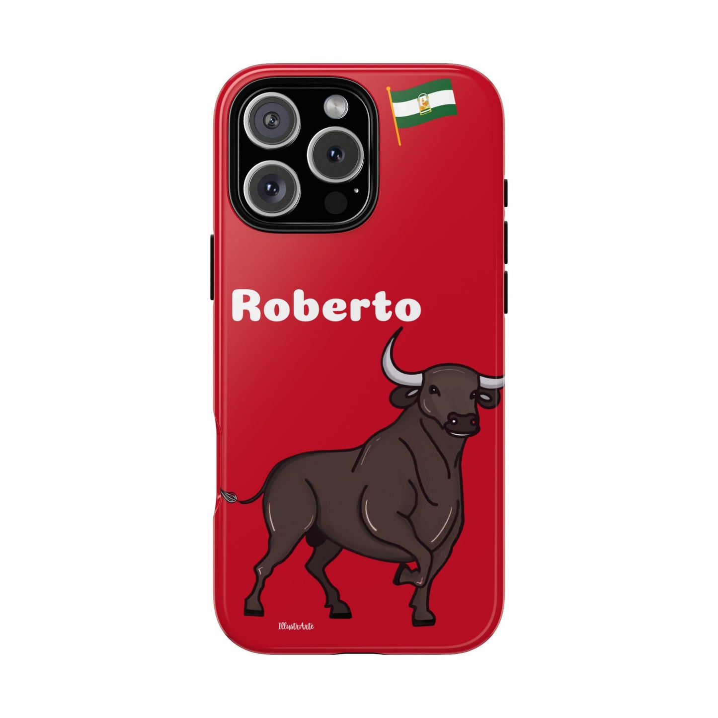 una funda de teléfono roja con un toro en ella