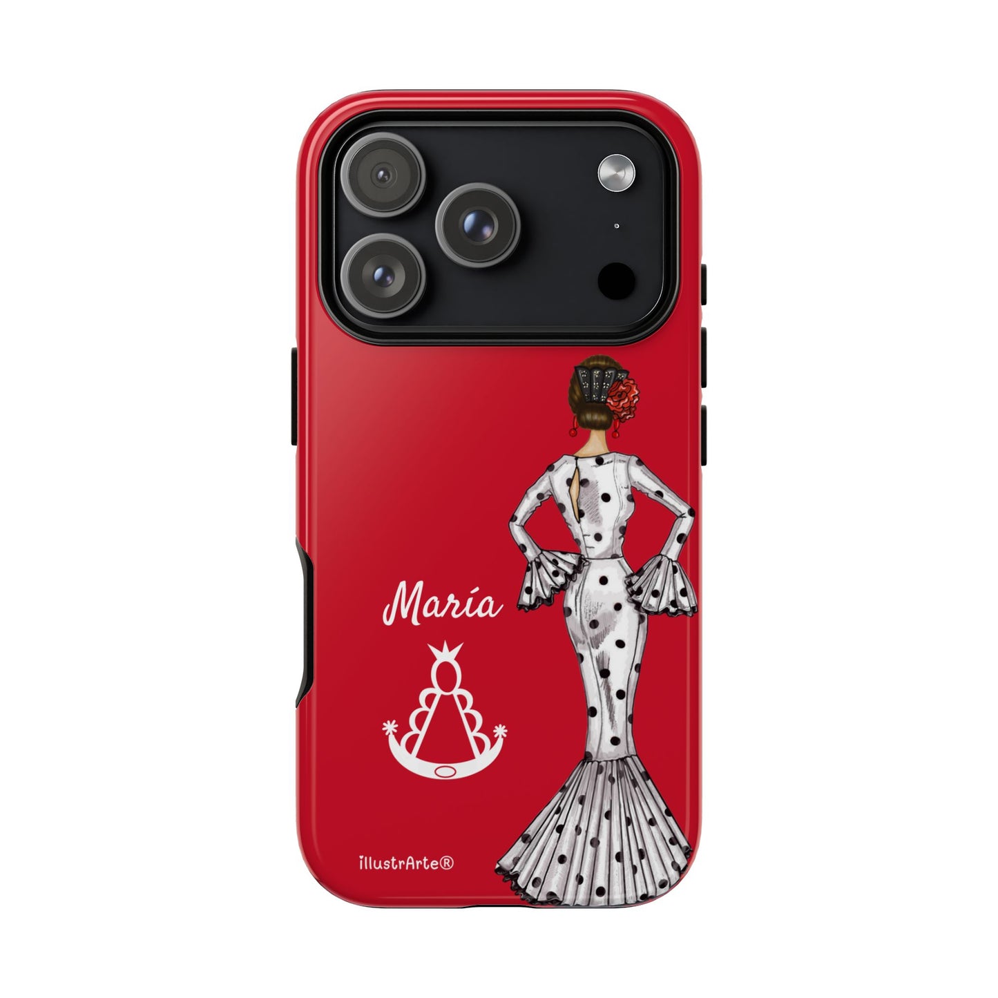 Capa de telefone personalizável com nome/bandeira/Virgem - modelo White Mary com Virgen del Rocío para iPhone, Samsung e Google Pixel