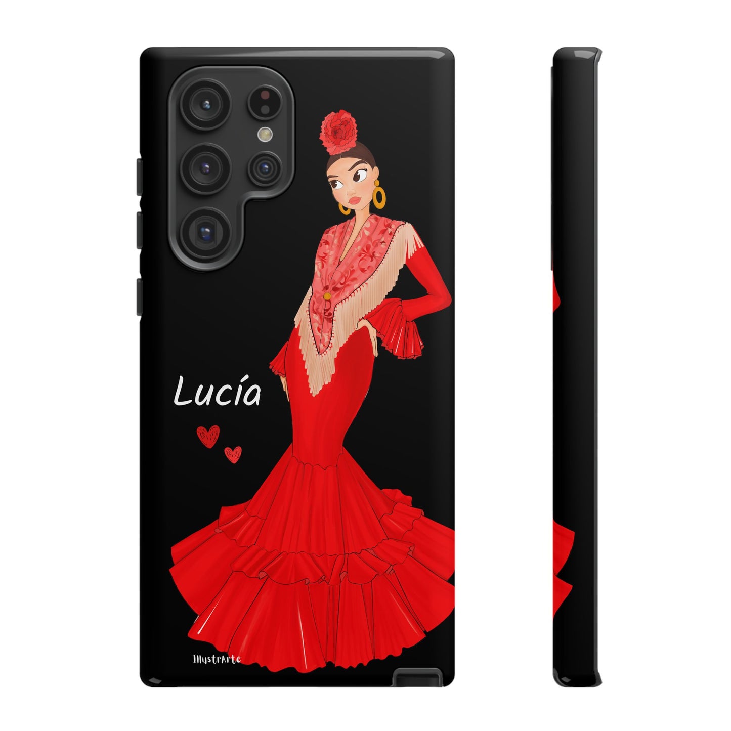 una funda de teléfono con una imagen de una mujer en un vestido rojo