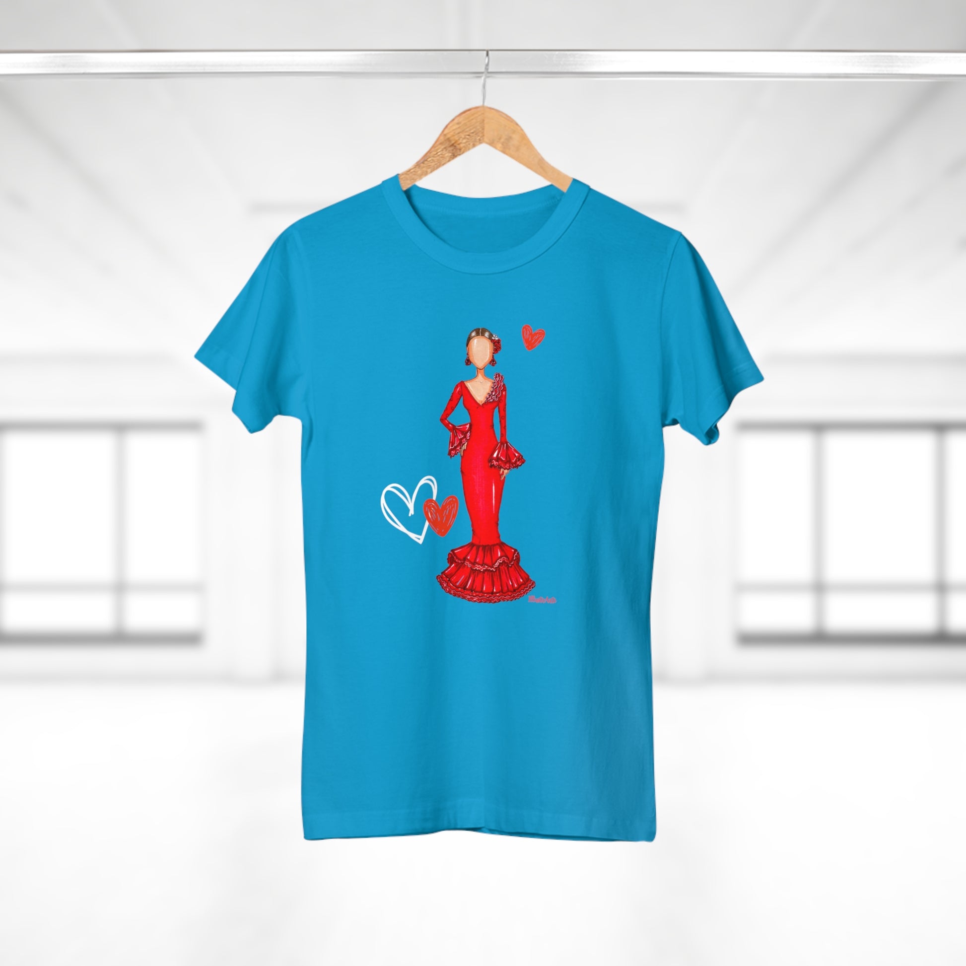 a t - shirt with a picture of a woman in a red dress