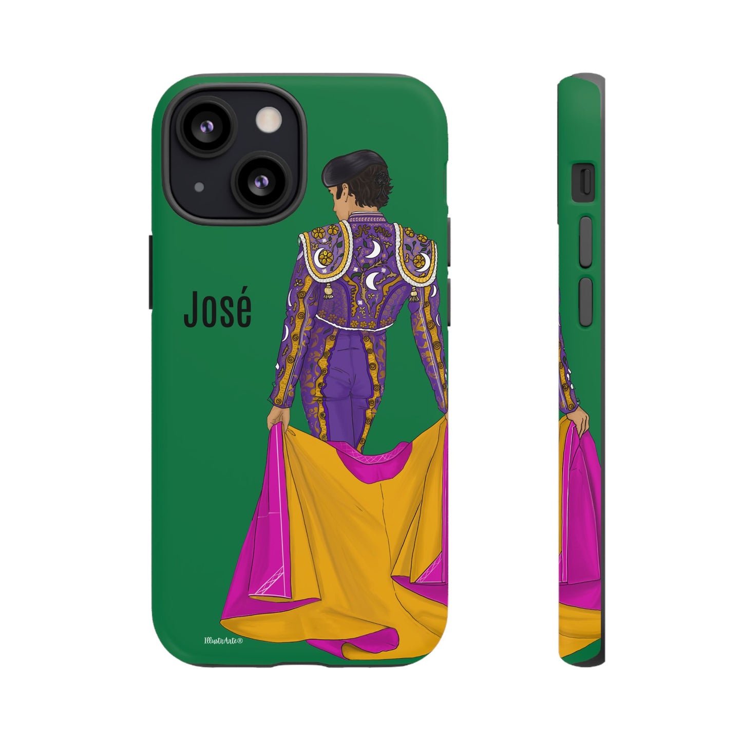 una funda de teléfono verde con una imagen de una mujer en un atuendo púrpura y amarillo