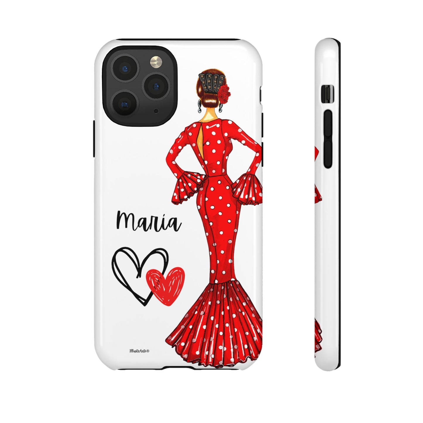 una funda de teléfono con una mujer en un vestido rojo