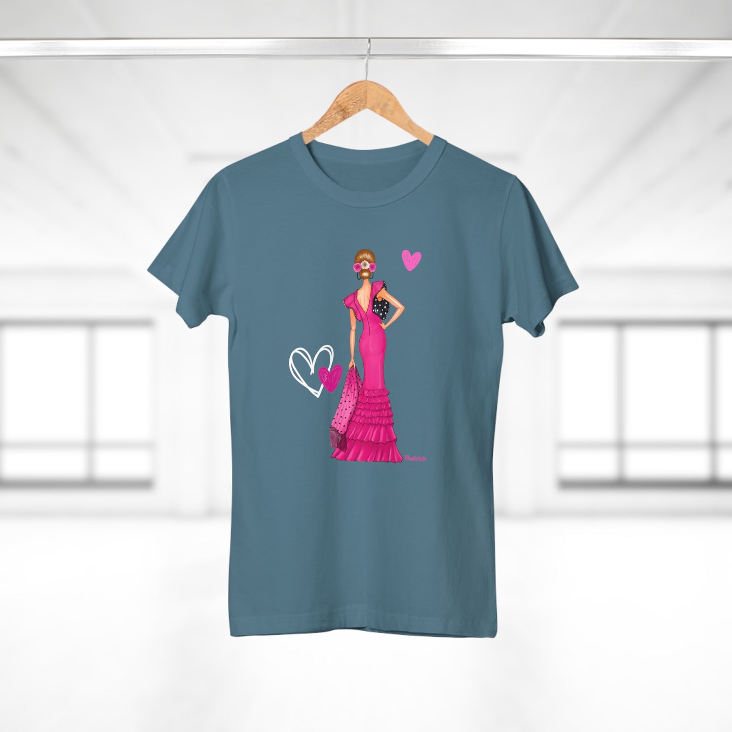 a t - shirt with a picture of a woman in a pink dress