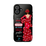 Personalised phone case flamenco dancer Macarena, with quote for iPhone 16 Plus, gloss finish – illustrArte
