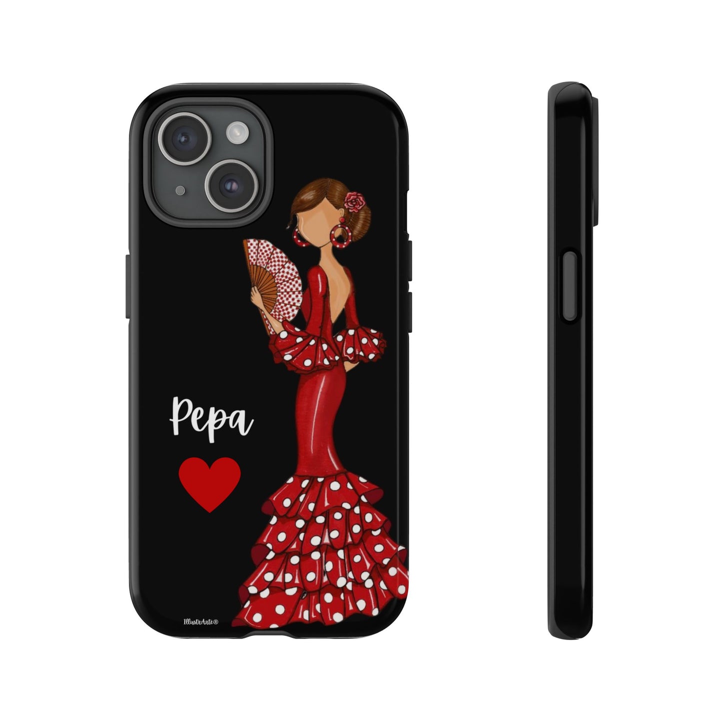 una funda de teléfono con una mujer en un vestido rojo sosteniendo un abanico