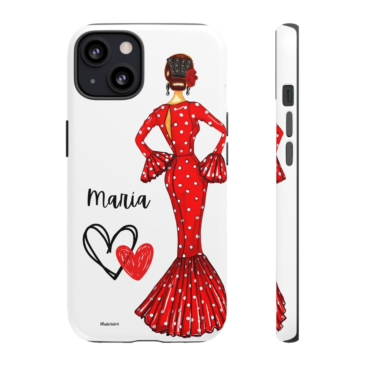 una funda de teléfono con una mujer en un vestido rojo