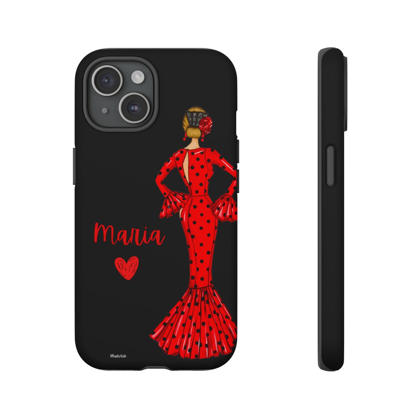 una funda de teléfono con una mujer en un vestido rojo