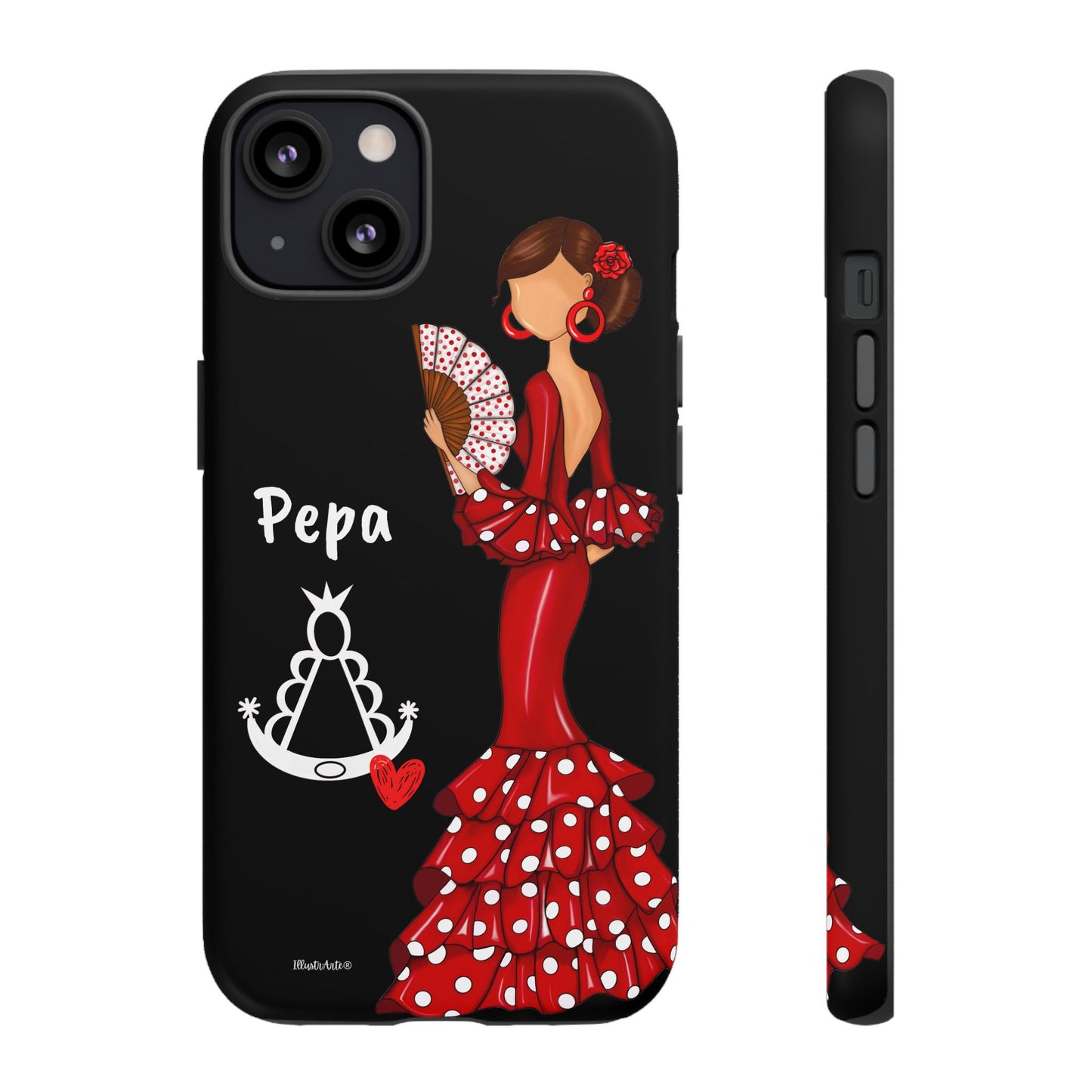 Personalized Pepa phone case on a black background with the Virgin Mary – for iPhone, Samsung, Pixel
