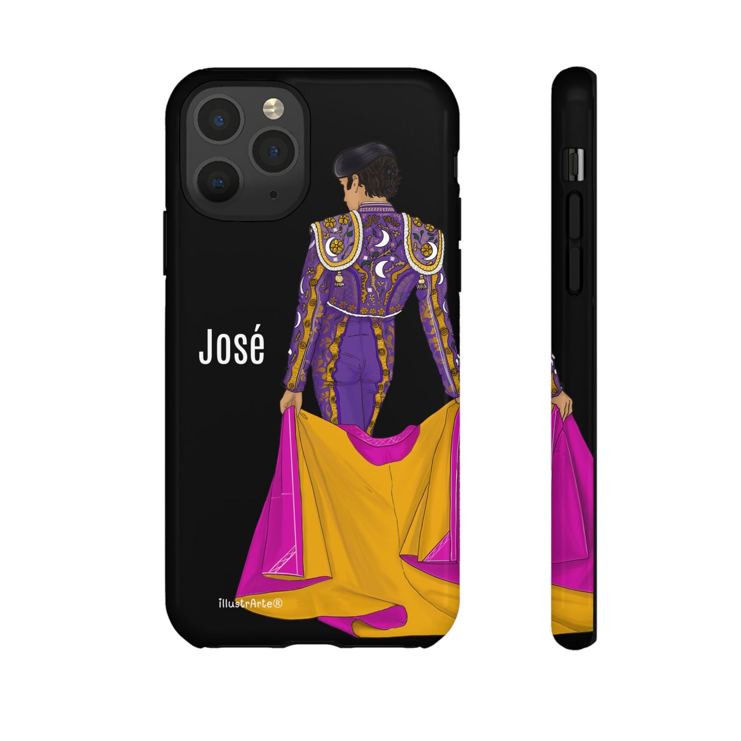 Personalized phone case featuring bullfighter José on a green background – for iPhone, Samsung, Pixel