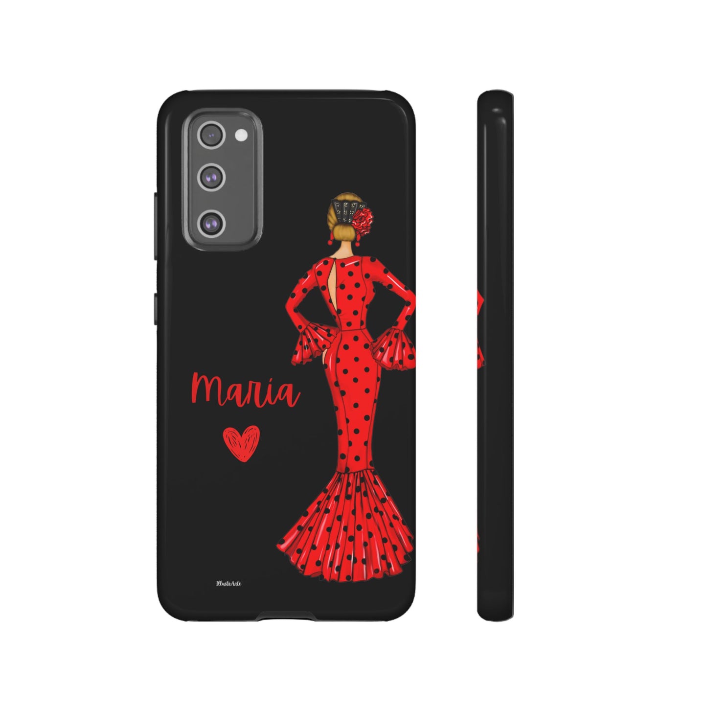 una funda de teléfono con una mujer en un vestido rojo