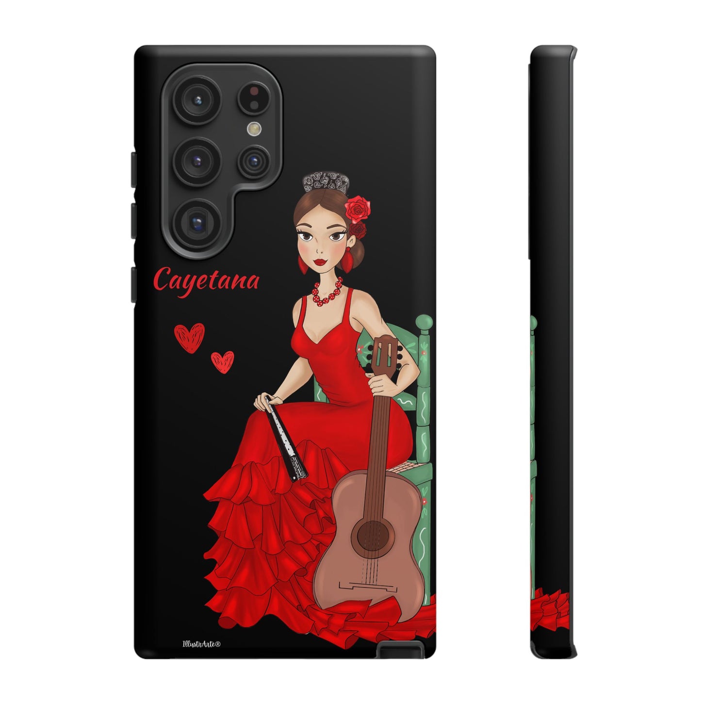 una funda de teléfono con una mujer en un vestido rojo sosteniendo una guitarra