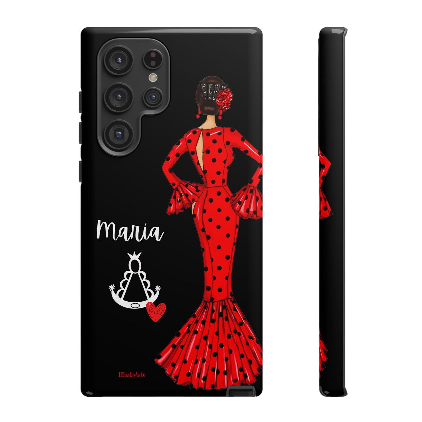 una funda de teléfono con una mujer en un vestido rojo