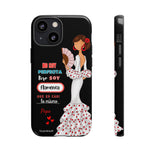 Personalised phone case flamenco dancer Pepa, white dress, with quote for iPhone 13 Mini, gloss finish – illustrArte