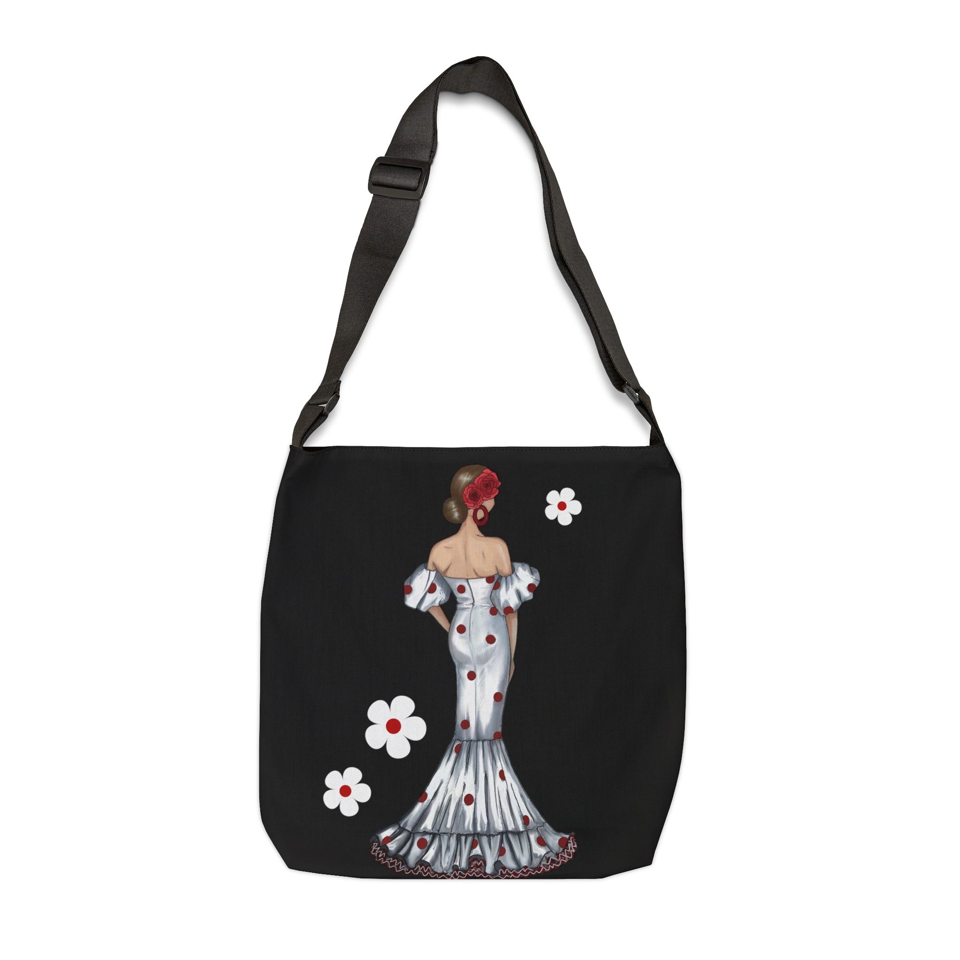 a black bag with a lady in a dress and flowers