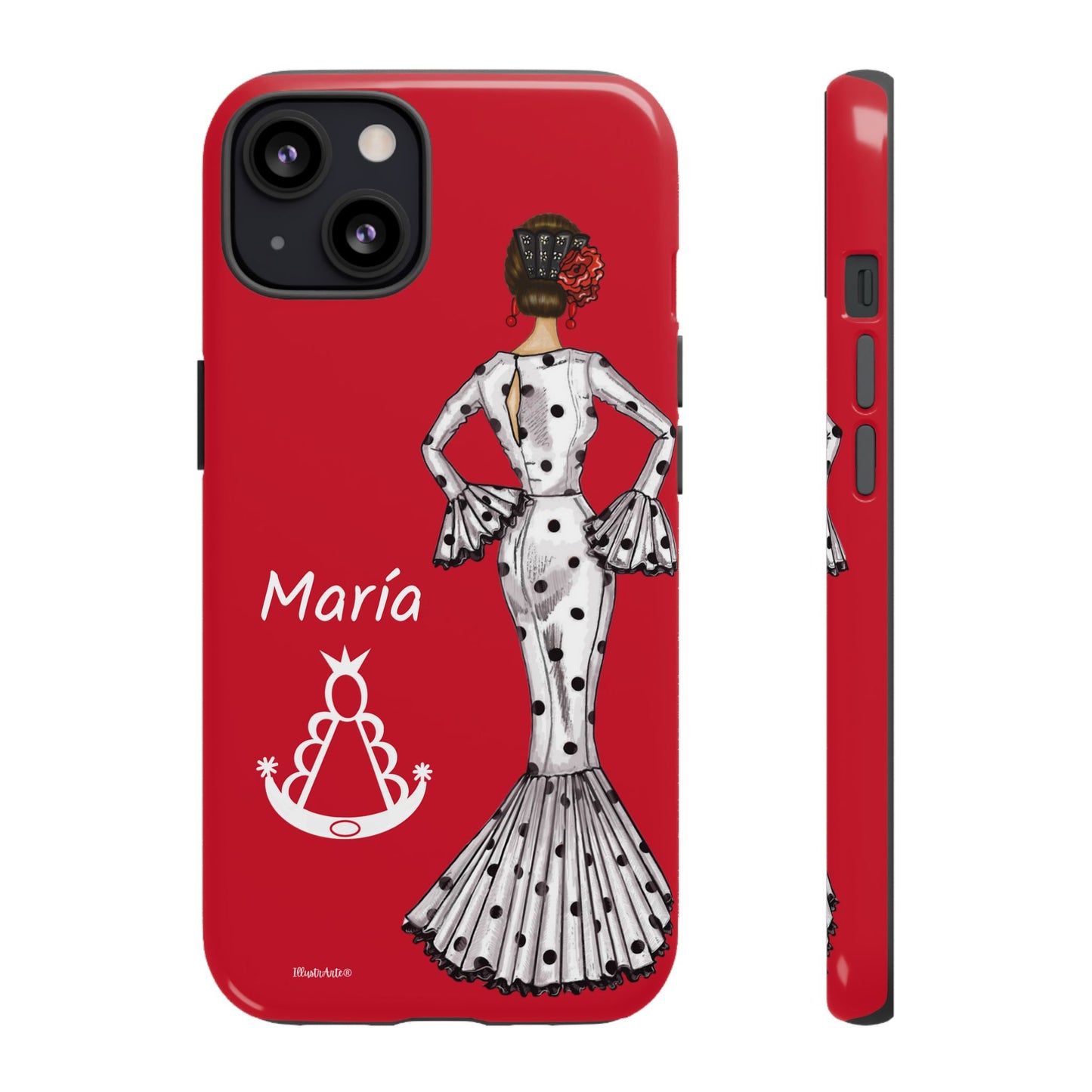 una funda de teléfono roja con una imagen de una mujer en un vestido