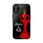 Personalised phone case flamenco dancer María, red dress, with a little Virgin Mary for iPhone 16 Plus, gloss finish – illustrArte