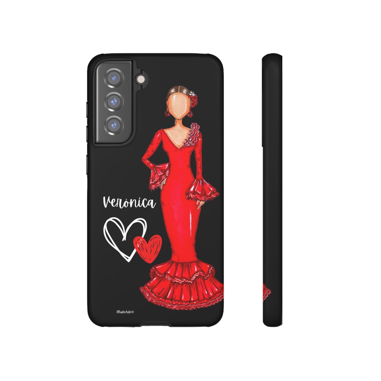 una funda de teléfono con un dibujo de una mujer con un vestido rojo