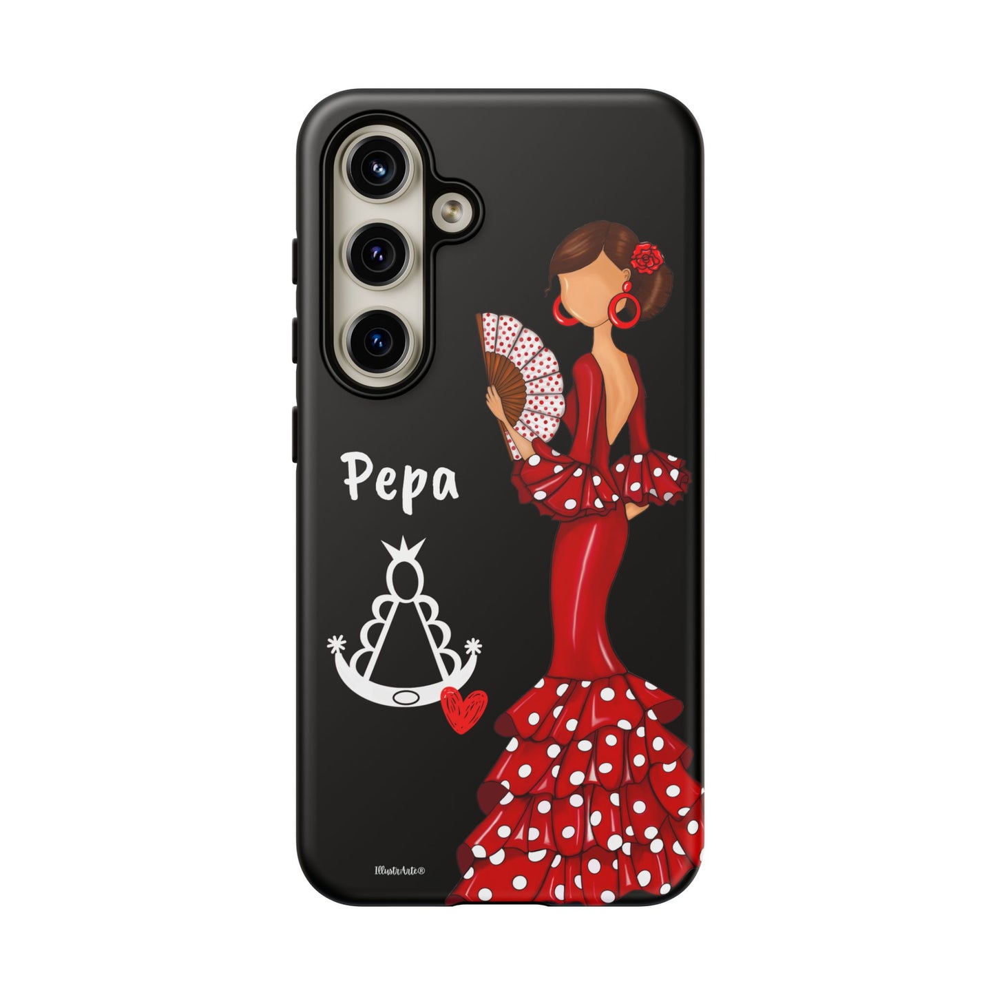 Personalized Pepa phone case on a black background with the Virgin Mary – for iPhone, Samsung, Pixel