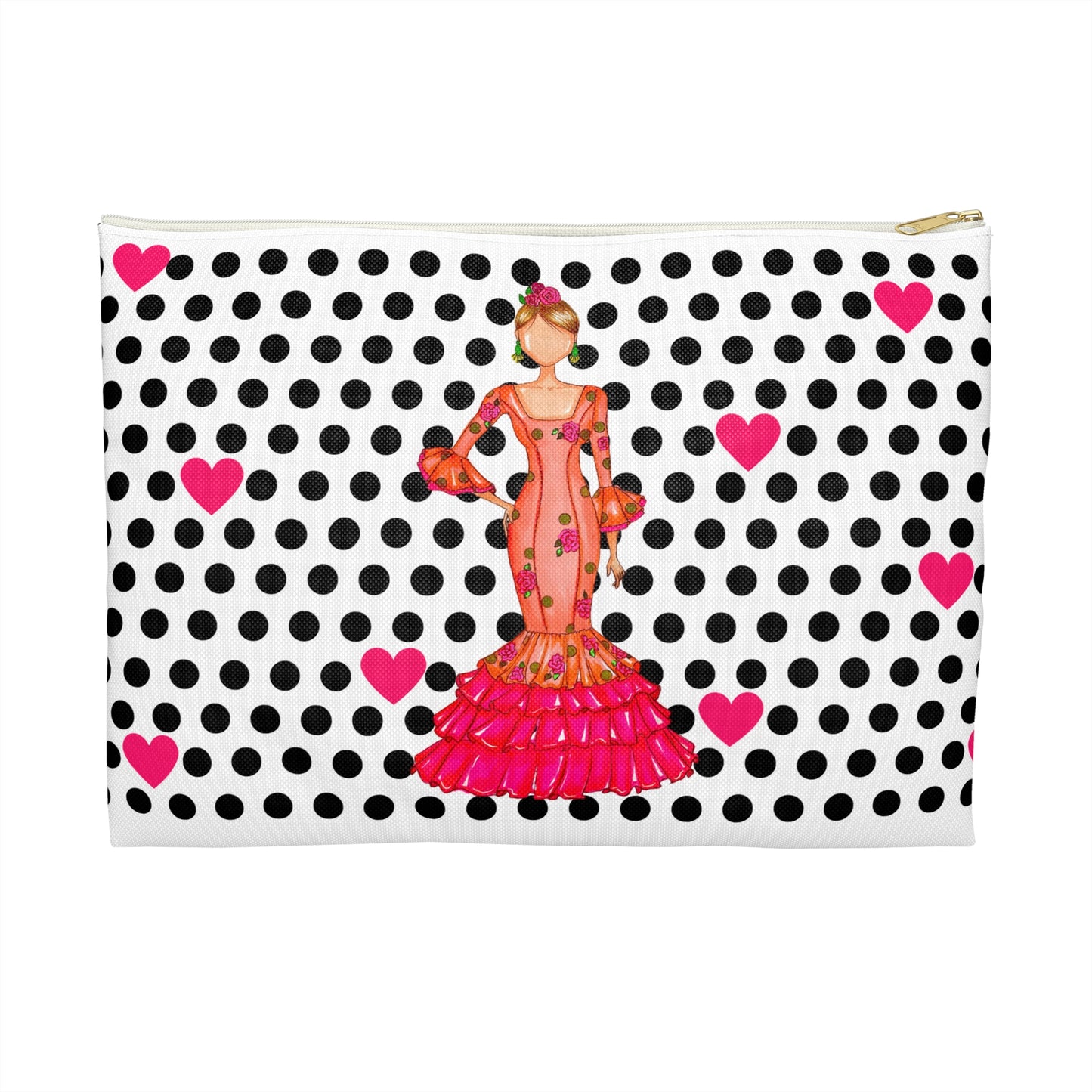 a polka dot purse with a woman in a pink dress