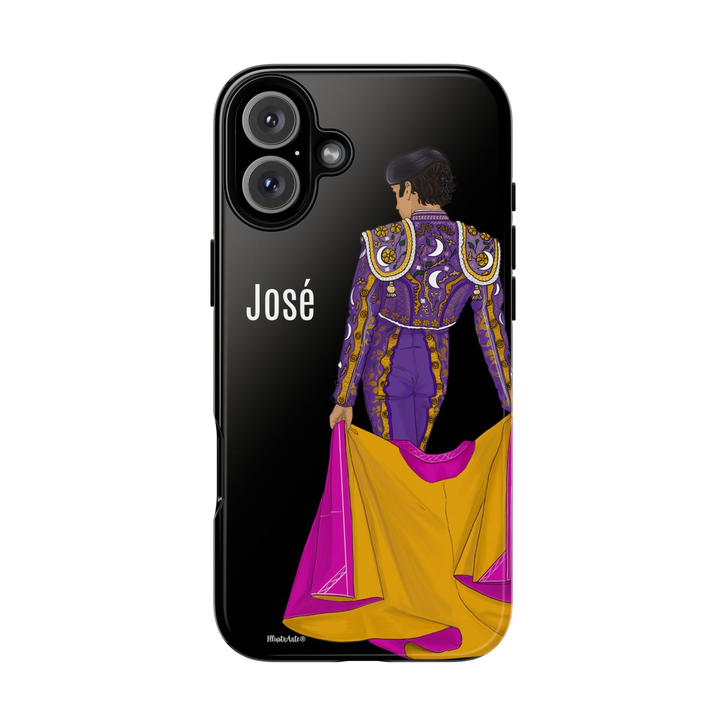 una funda de teléfono con una imagen de un hombre en un traje morado y amarillo