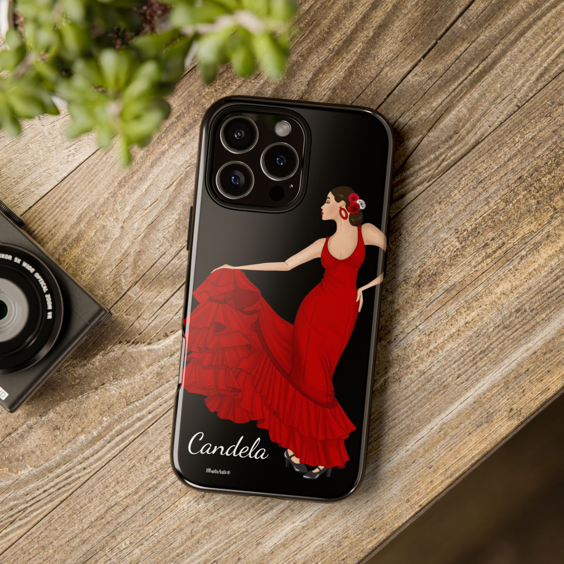 una funda de teléfono con una foto de una mujer en un vestido rojo