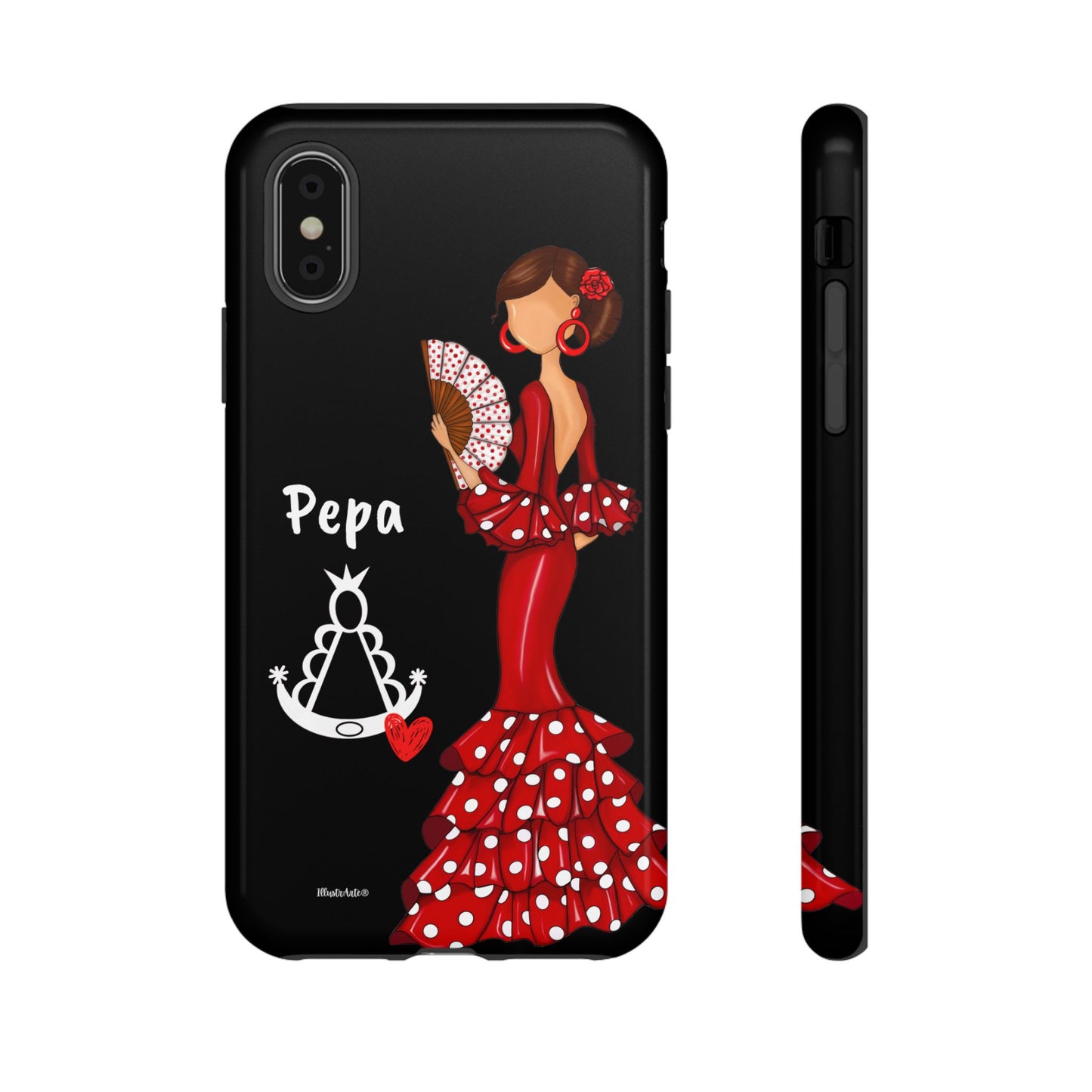 Personalized Pepa phone case on a black background with the Virgin Mary – for iPhone, Samsung, Pixel